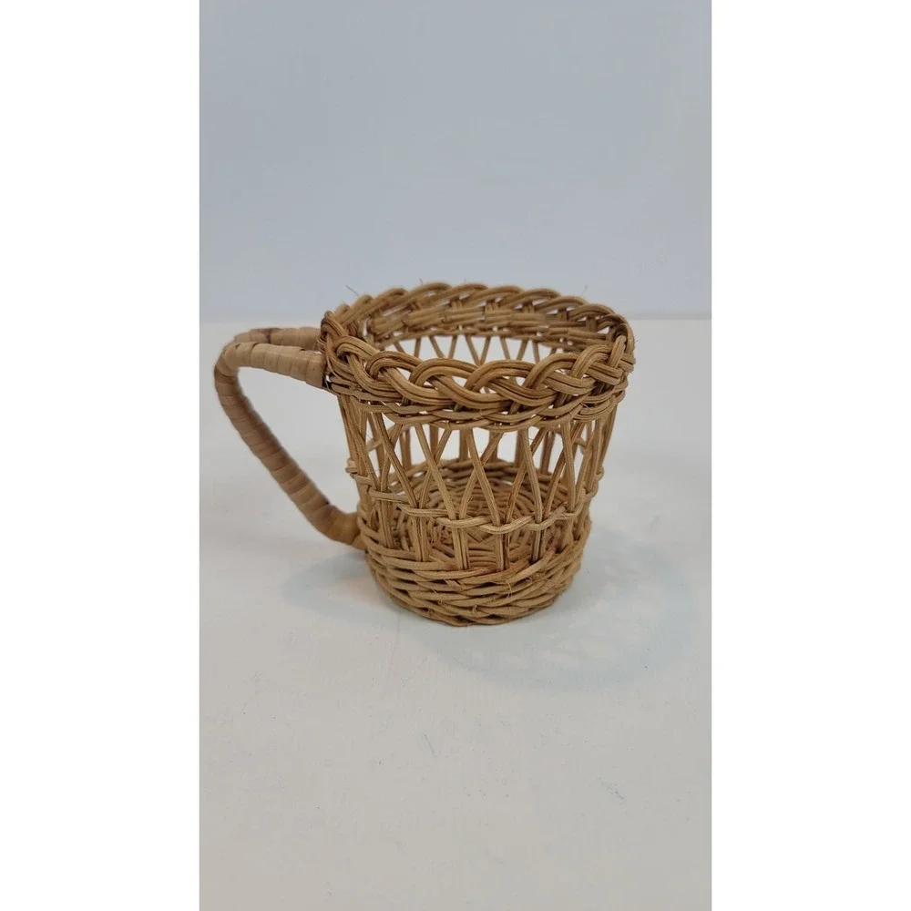 Set‎ Of 4 Vintage Wicker Rattan Cup Glass Holder Round Boho Summer 3.5